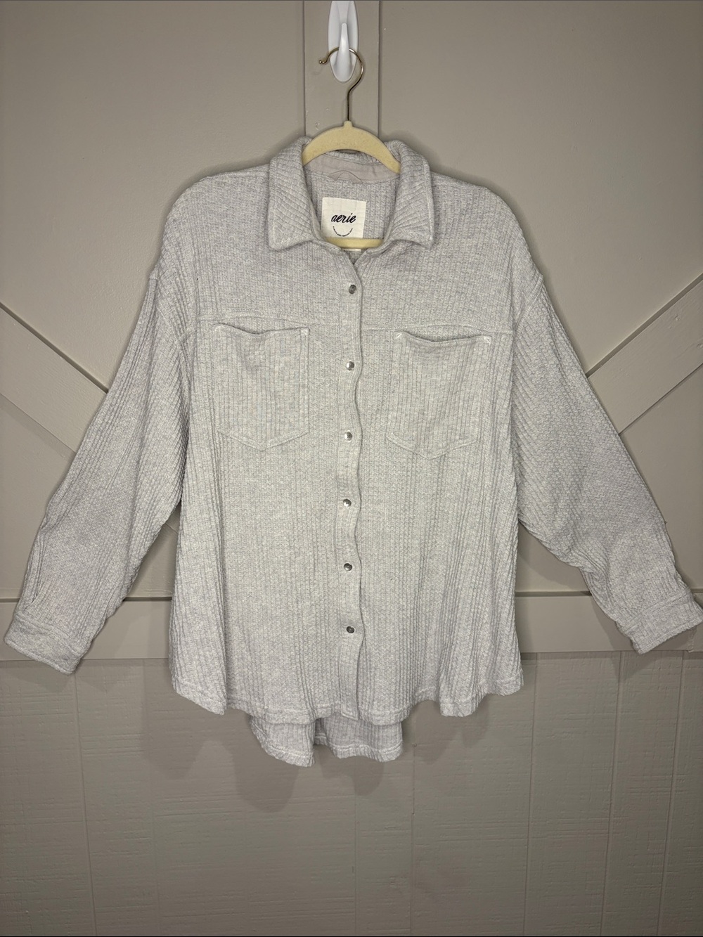 Aerie Anytime Fave Waffle Knit Shacket Gray Oversized Large Cozy Lumber Jane